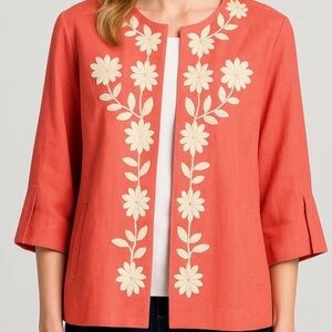 Nygard Coral Pink Embroidered Linen Jacket Women Plus 18 Beaded 3/4 Sleeve